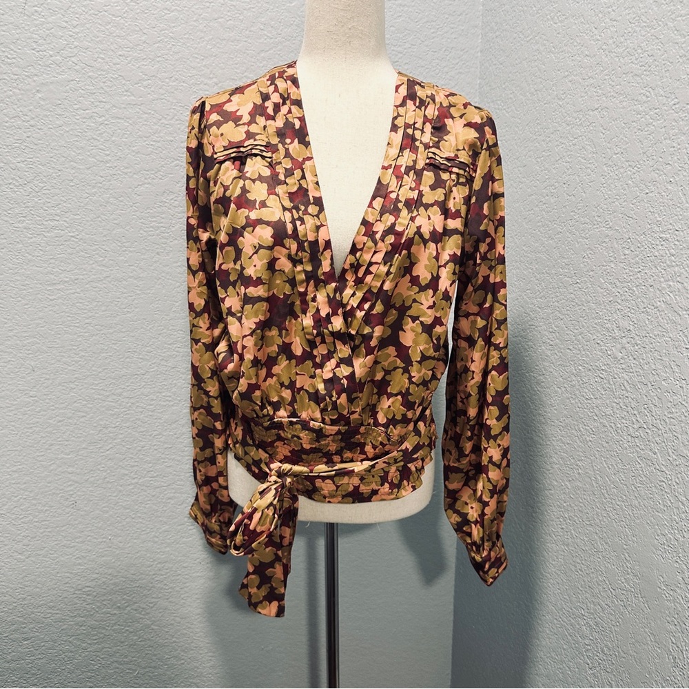 Anthropologie Floral Wrap Blouse NWT Large Brown Boho Romantic Top Silky - Picture 6 of 11